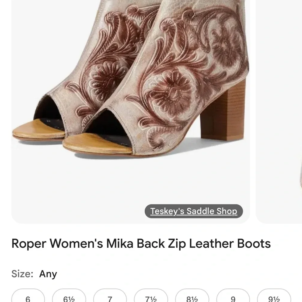 Roper Tan and Brown Embroidered Peep Toe Boots - Picture 6 of 6